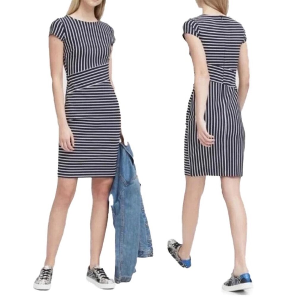 Banana Republic Navy White Stripe Asymmetrical Waist Sleeveless Dress Size 2 PET